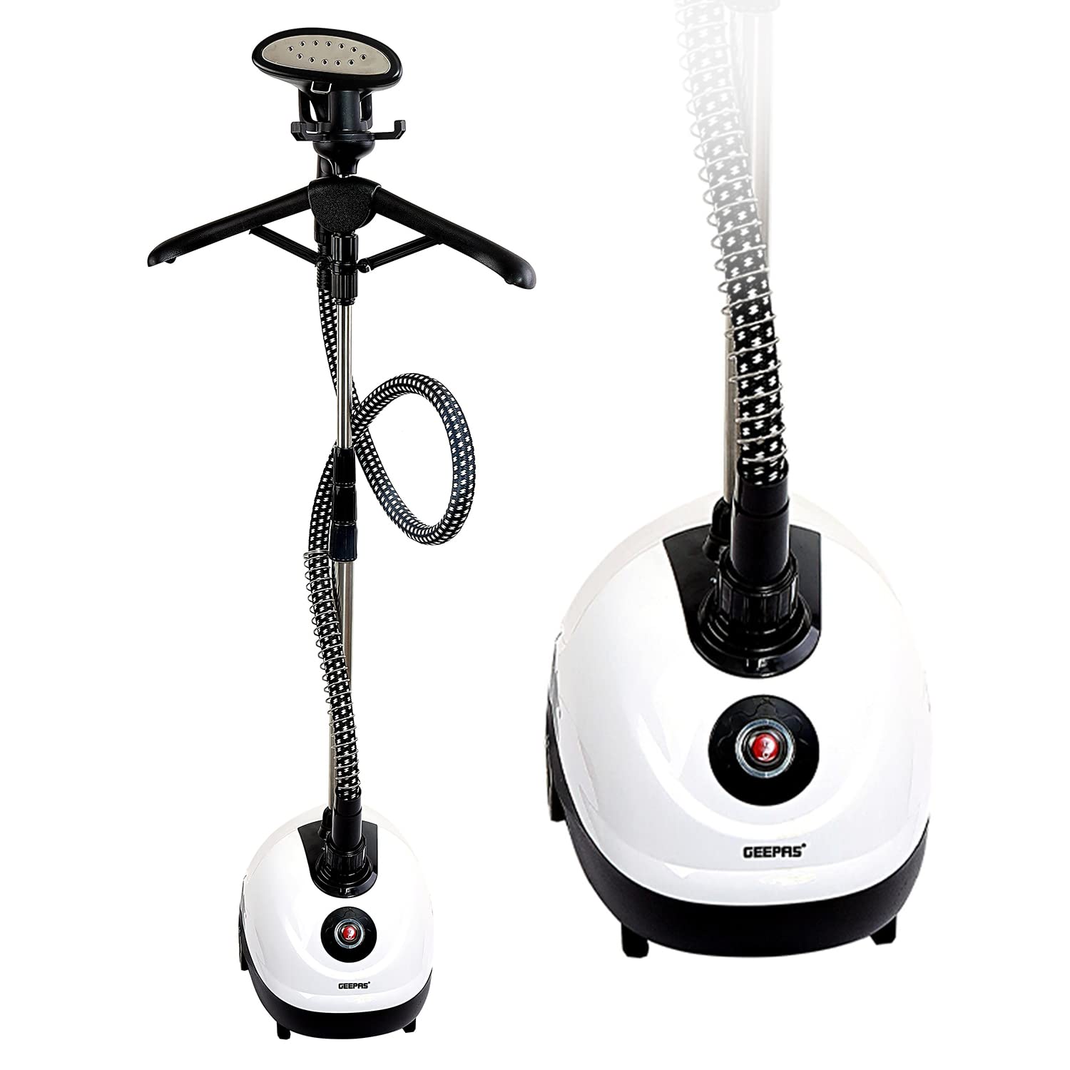 Geepas 1580 W Garment Steamer, 1.8L Water Tank, White/Black جهاز كي بالبخار عمودي للملابس من جيباس، قدرة 1580 واط Geepas 1580 W Garment Steamer, 1.8L Water Tank, White/Black جهاز كي بالبخار عمودي للملابس من جيباس، قدرة 1580 واط